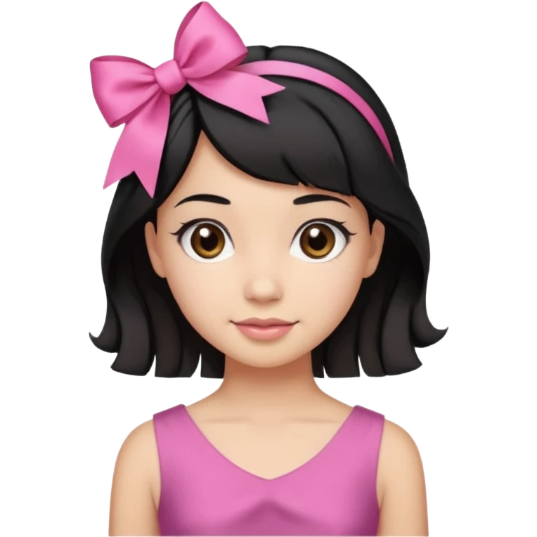 Beautiful girl with short black hair in a half-up half-down hairstyle with pink ribbon tying the top half, waves at the ends, brown eyes, light skin, slight smile, and pink dress emoji