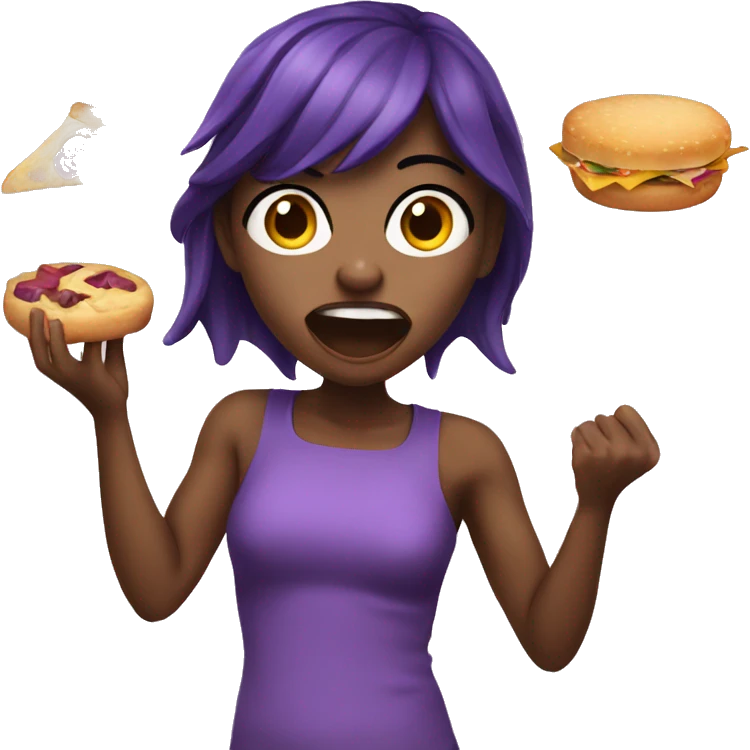 Girl with purple skin shouting at food emoji