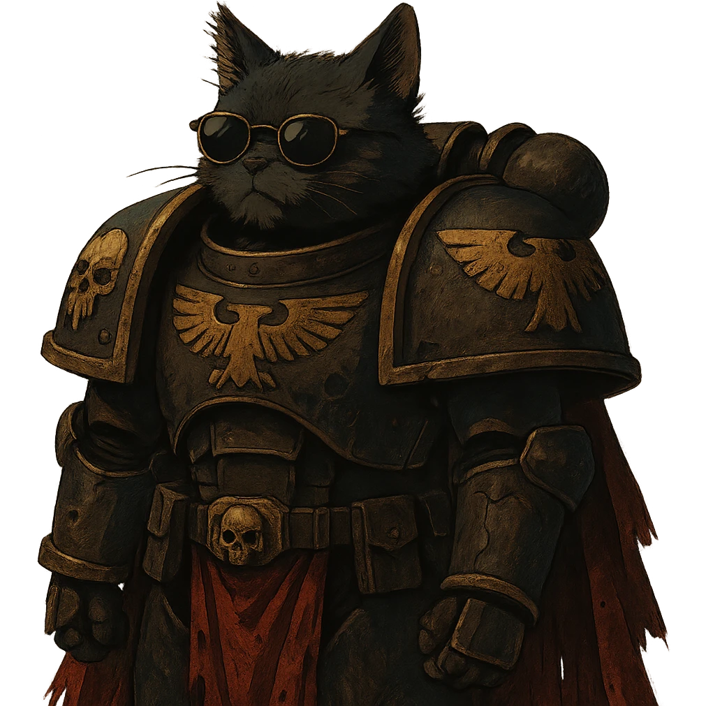 cat in sunglasses, Warhammer 40,000 inspired, dramatic ghibli style illustration emoji