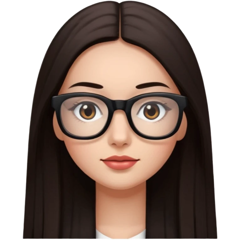 une ado, brune aux cheuveux tres fonces longs lisses blanche, ,lunettes carres noires, yeux bruns joues rose emoji