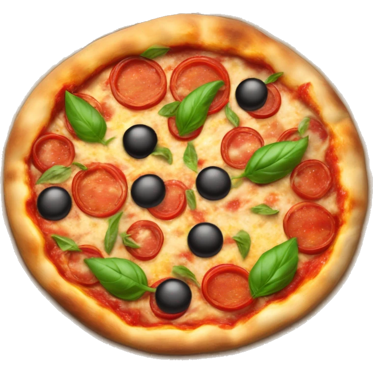 A nice Pizza with peperoni on top, a thick crust thats even gone a bit black at some parts, with some basil leaves on top  emoji
