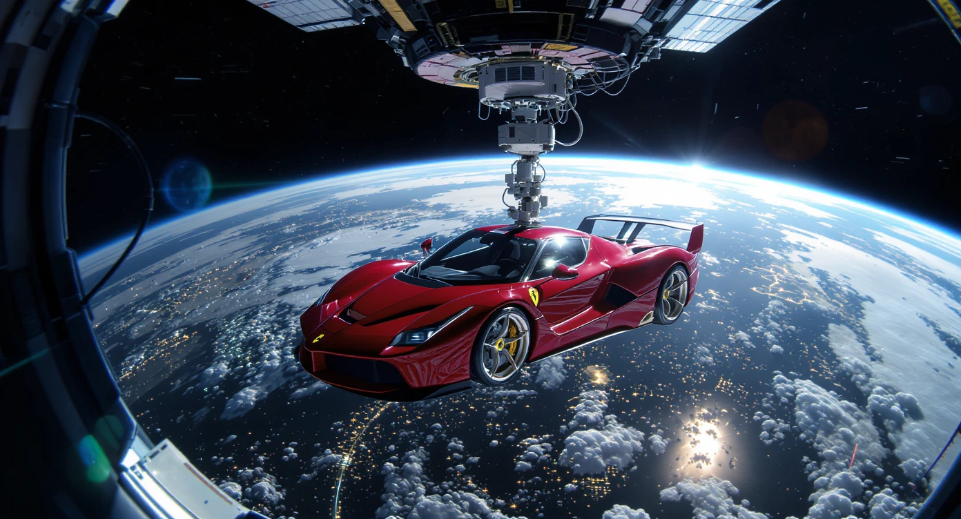 Cinematic still of a ferrari f40 floating in space, shot by space camera connect to spaceship, sun flare, big earth in background, captured by gopro emoji