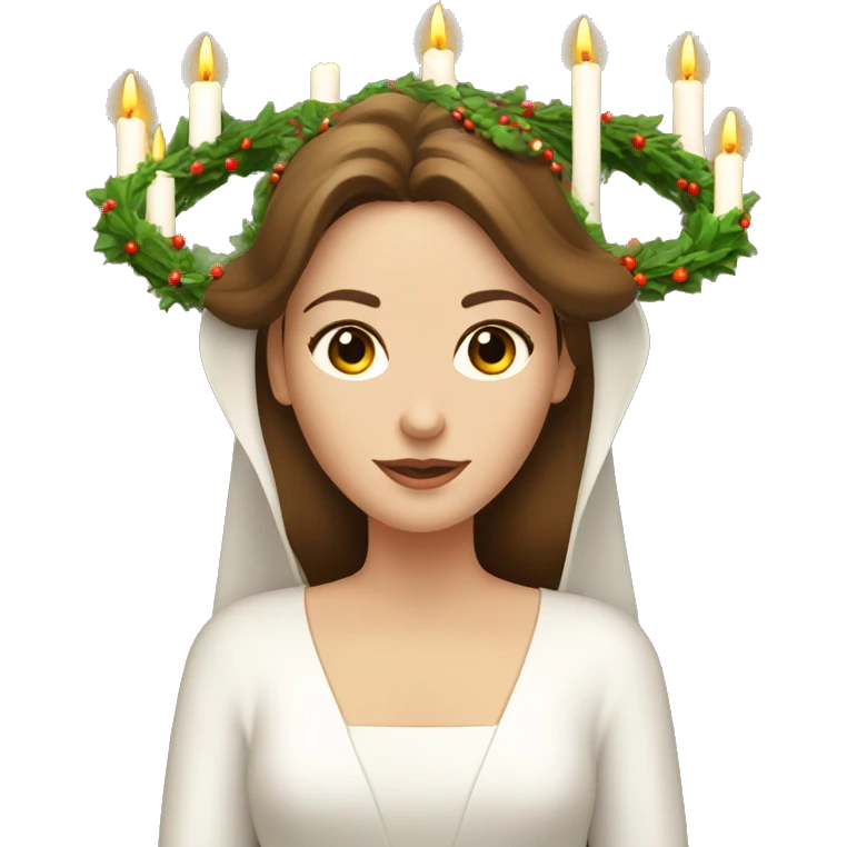 brown haired white women with white gown and advent wreath with long-candles on the head emoji