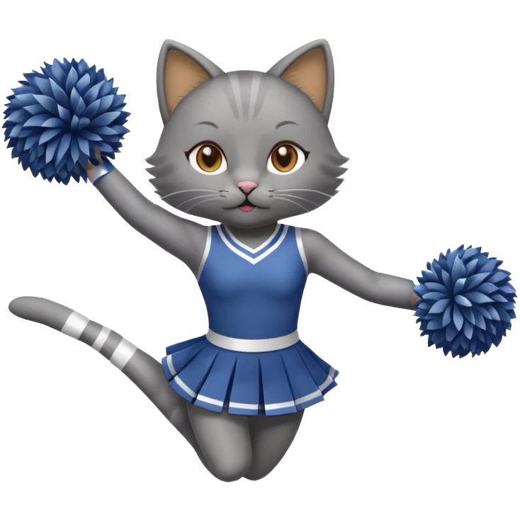 A sleek grey cat cheerleader twirling pom-poms with confident energy. emoji