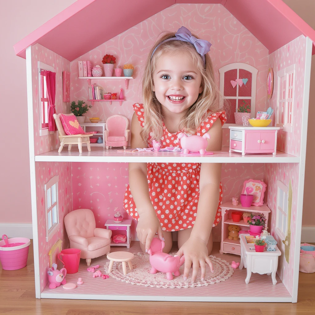 smiling girl arranging furniture in doll house emoji