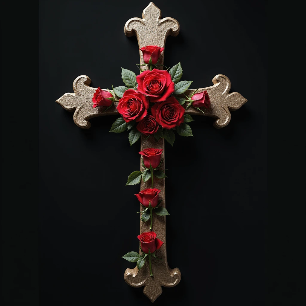 realistic gothic cross, with red roses, photorealistic style emoji