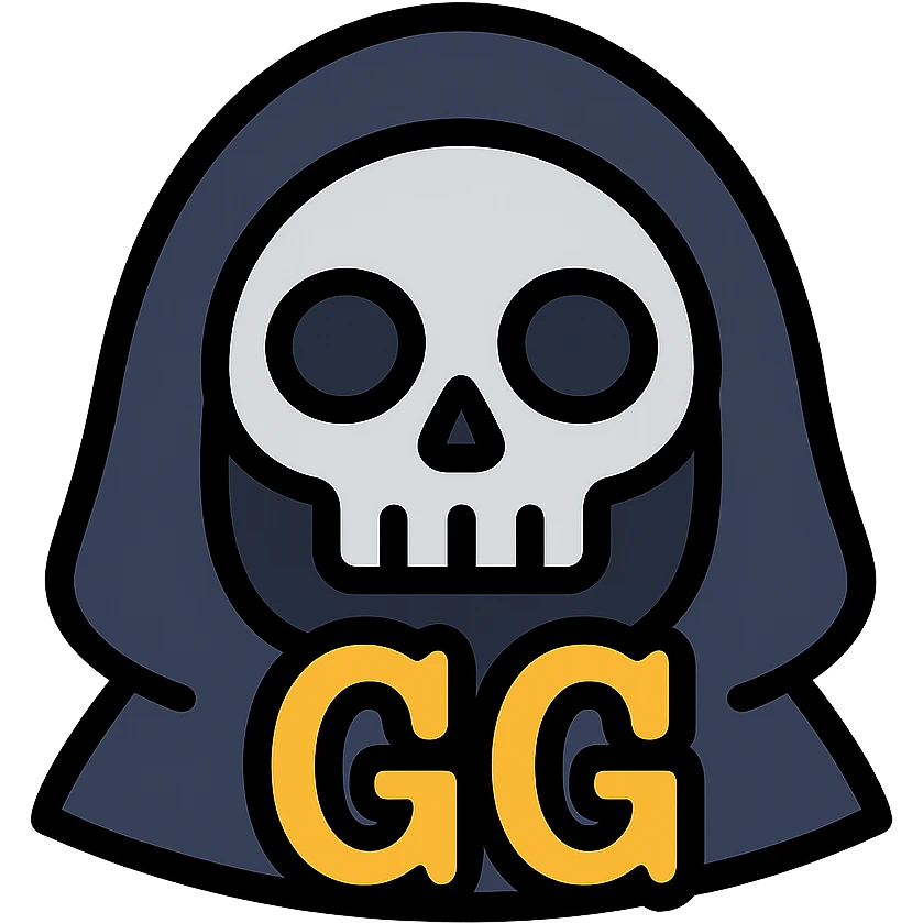 grim reaper head with 'gg' text, color outline icon style, bold lines emoji