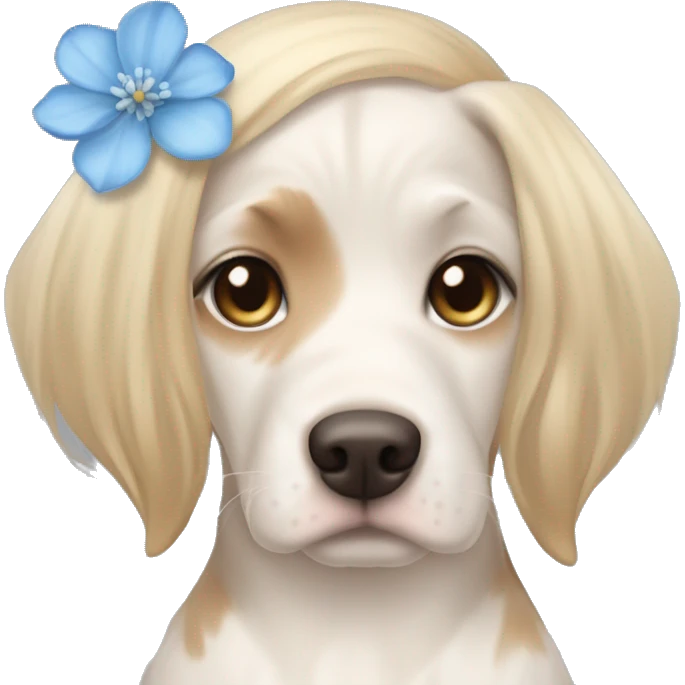 pale skin girl with blue eyes with long blonde hair that has a flower in her hair  holding a English pointer mixed with a lab dog the dog also has a flower in its hair emoji