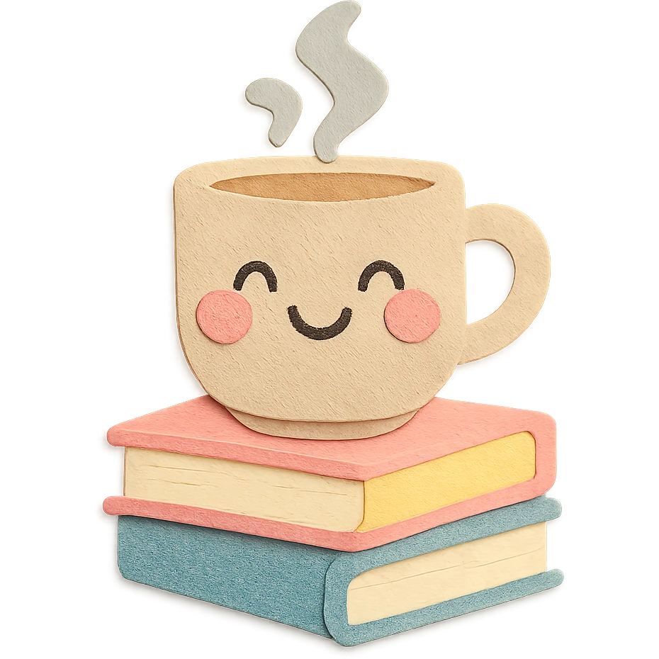coffee cup with stack of books, blushing cheeks, cozy hand-drawn pastel style emoji