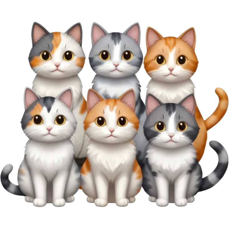 6 realistic looking cats with different natural coloured coats, assorted grey and white, greys, calico, brown and white colours etc
 emoji