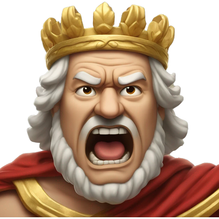 Furious Emperor: An emperor in a billowing toga, face red and shouting, with clenched fists. His laurel crown is tilted, as if he's about to throw it on the ground in a rage. emoji