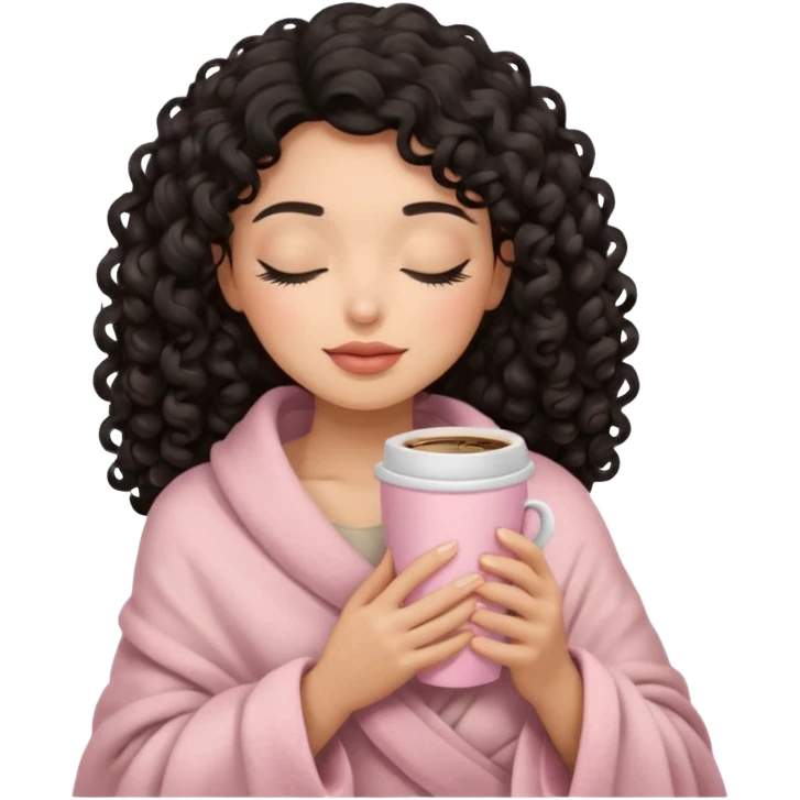 hispanic woman, black long 3b curls, closed eyes, feminine face, holding soft pink coffee cup with beige blanket over shoulders emoji