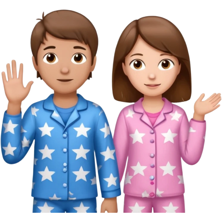 Brown haired boy with blue pajamas with stars on them and a brown haired girl with pink pajamas, and stars on them emoji