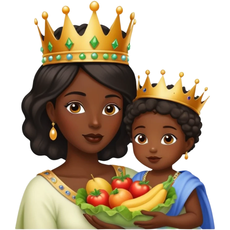 A black dark skin queen, with a beautiful crown alimentando a su bebé con frutas y verduras  emoji