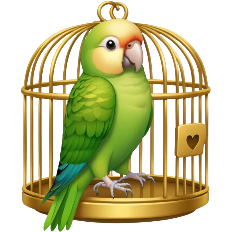 green and tan parakeet sitting on gold birdcage emoji