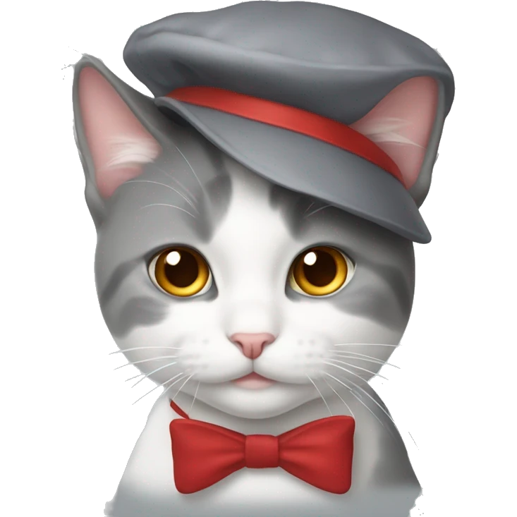 Gray and white cat with a red beret and white bowtie emoji