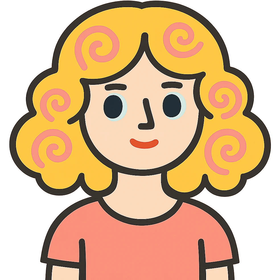 pale girl with medium-length curly blonde hair and baby pink swirls emoji