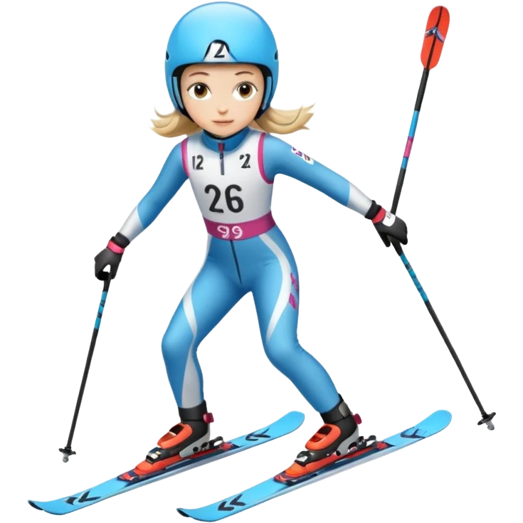 12 year old girl ski racing in a speed suit with skis, poles, and a bib that has the number 26 emoji