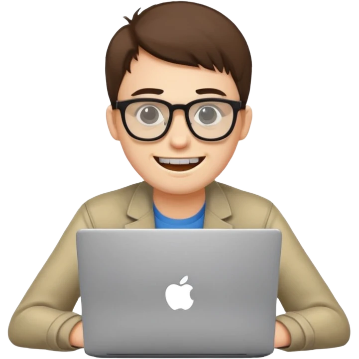 programmer with protruding teeth and glasses, sitting behind a laptop, simple, clear emoji style emoji
