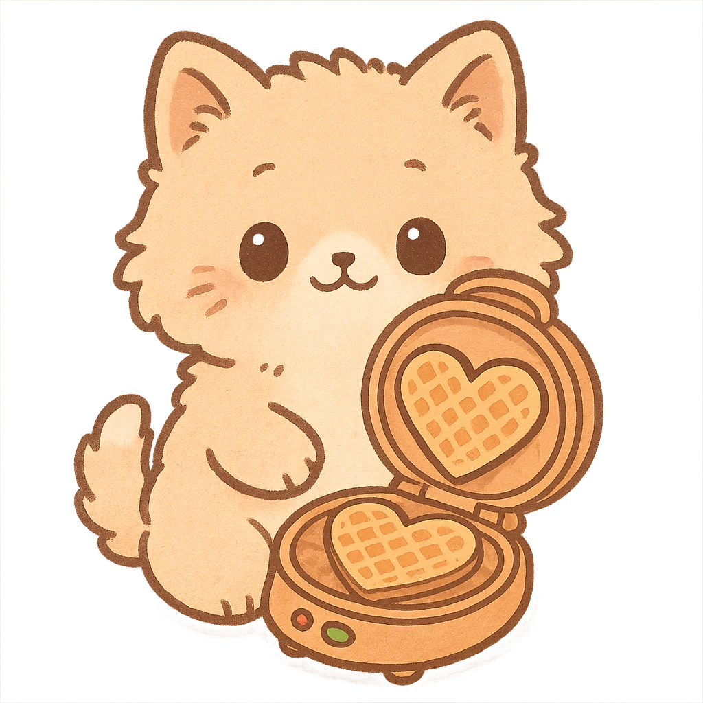 chibi style soft fluffy cat as a waffle maker, showing heart-shaped waffles, pastel orange, full-body emoji