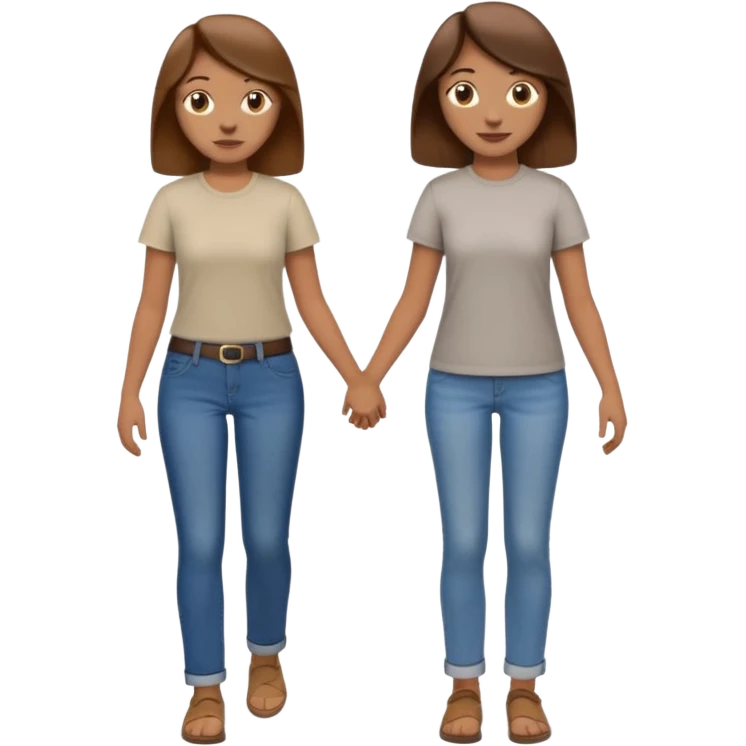 based on emoji style, two people walking together. one is brown-haired woman, wearing a shirt,  Another one is a non-binary person, wearing t shirt and jeans, and the second person doesn't have anything on their hands. They are not holding hands emoji