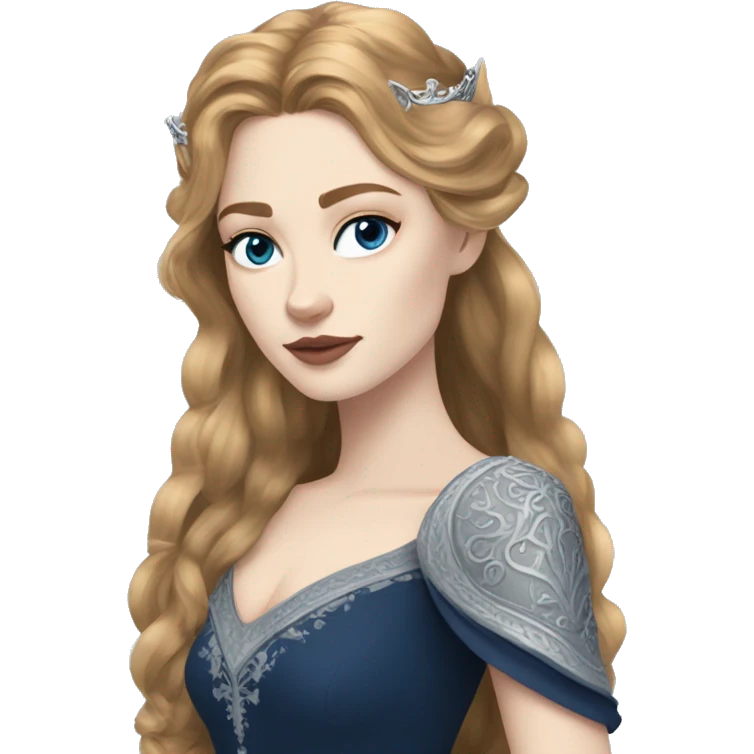 Feyre has pale skin, golden-brown hair and blue-grey eyes. She has a dark blue dress on with a silver crown emoji