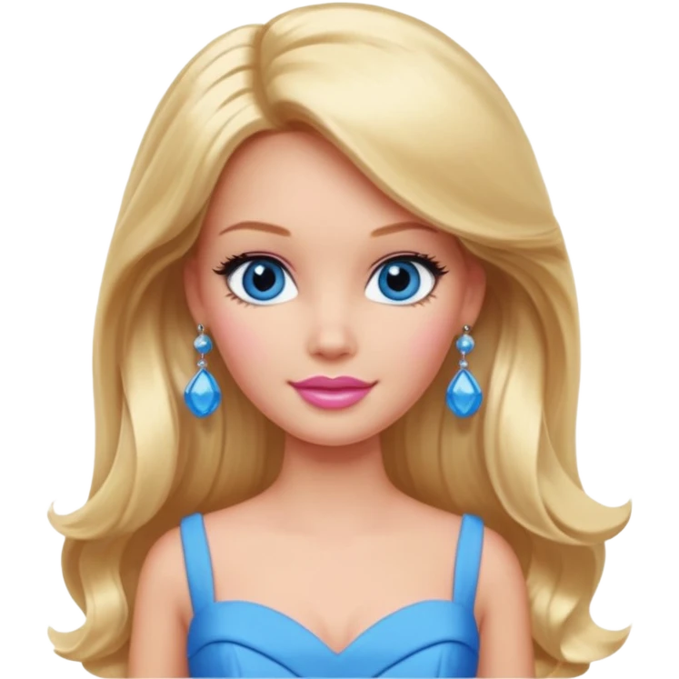 barbie, long blonde hair, pink dress, with blue eyes,different dress, big ear rings. emoji