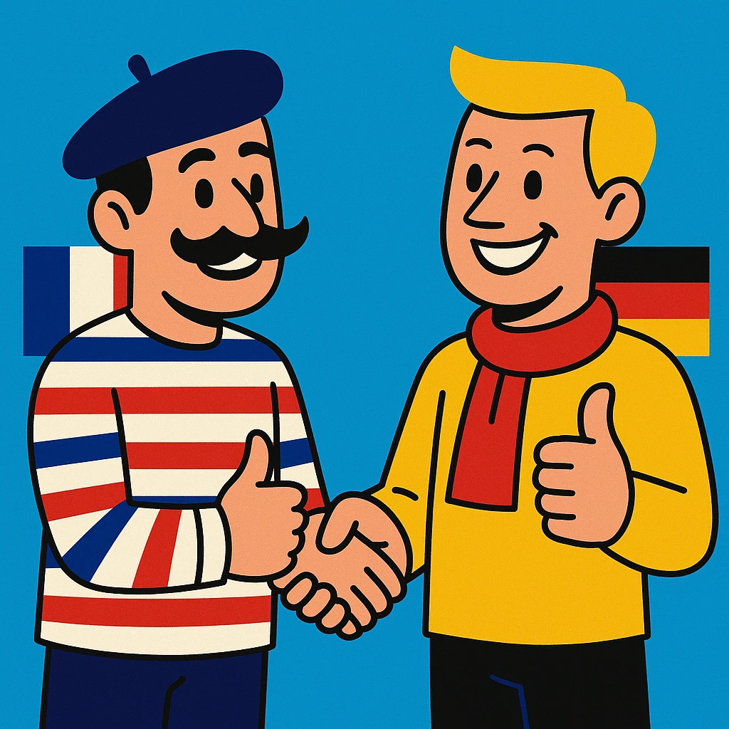 A French and German man shaking hands and giving thumbs up, vibrant colors, both smiling, French with mustache and striped shirt, German with blond hair and scarf. emoji