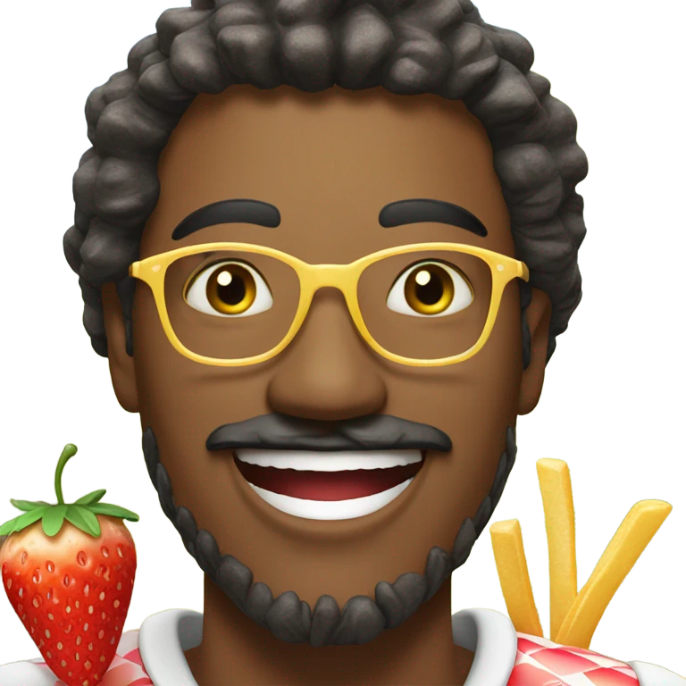 reuse this same smiling man with jewelry outdoors and he is eating french fries in his mouth while holding a strawberry lemonade emoji