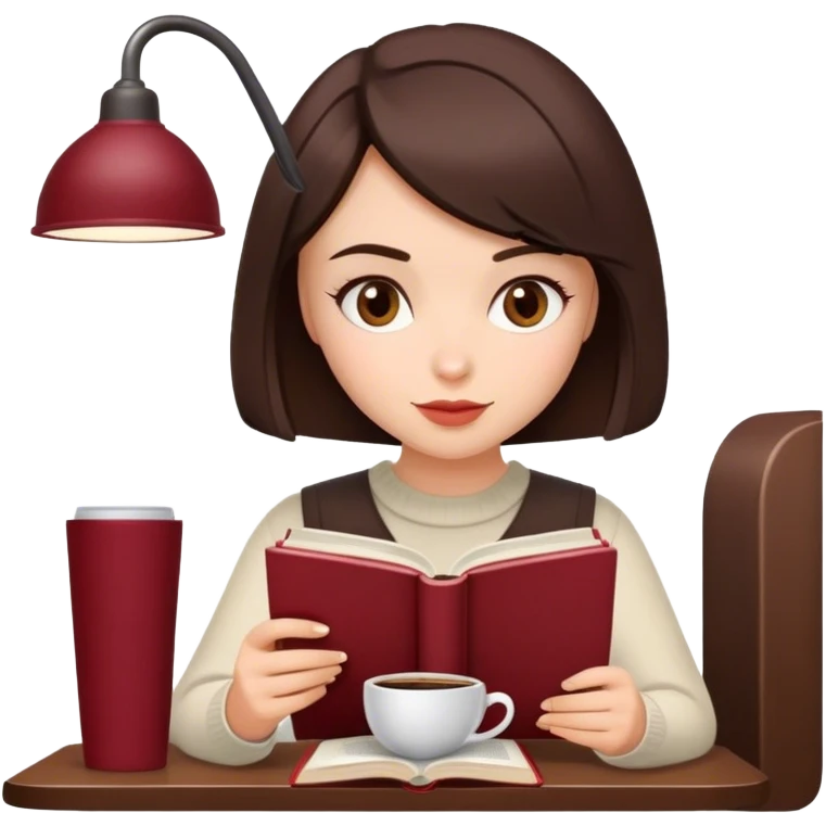 A brunette girl with a bob hairstyle, drinking coffee and reading a book Burgundy emoji