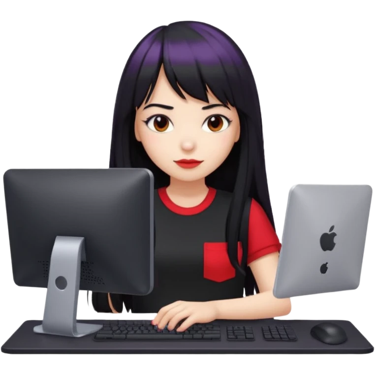 lilac girl with long hair and bangs worker and acessories with a pc worten the clothes black like an alternative bue the shirt in red with worten on the right side very small emoji