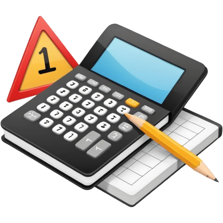 Minimalistic flat vector icon, iOS style, thin black contour on white background. Open textbook with a ruler and triangle on top, calculator next to it. No text, no shadows.
 emoji