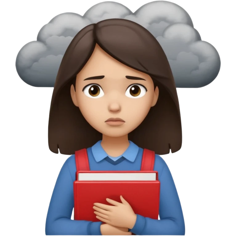 A worried light-skinned brunette girl shown from the waist up. She’s holding schoolbooks tightly to her chest, with a sad and anxious expression on her face. Small dark clouds hover above her head, symbolizing stress or exam anxiety. Her posture is tense, and her brows are furrowed. emoji