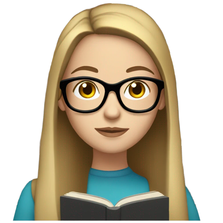 White woman with glasses, long straight brown hair and blue eyes reading a book emoji