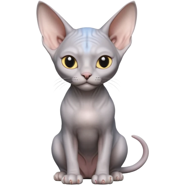 A 3D cartoon silver-gray Sphynx cat with smooth skin, gentle expression, elegant pastel lighting, cinematic Memoji rendering. full body or half body. emoji