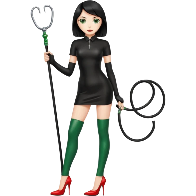 🕵🏻‍♀️💦🧥 black hair , green eyes , full body , red high heels , whip , black latex dress emoji