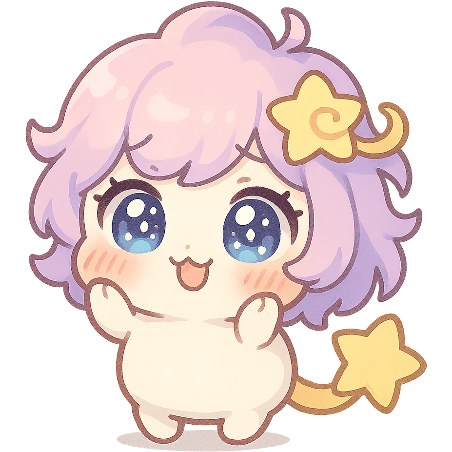 Stella Puff (星星噗噗) kawaii chibi style, front view, acting cute and coquettish (撒娇/卖萌), big sparkling glassy blue-violet eyes, puffy pastel pink-purple gradient hair with a yellow star swirl, creamy white round body, coral pink blush, short arms and legs, soft golden star tail, clean lines, transparent background emoji