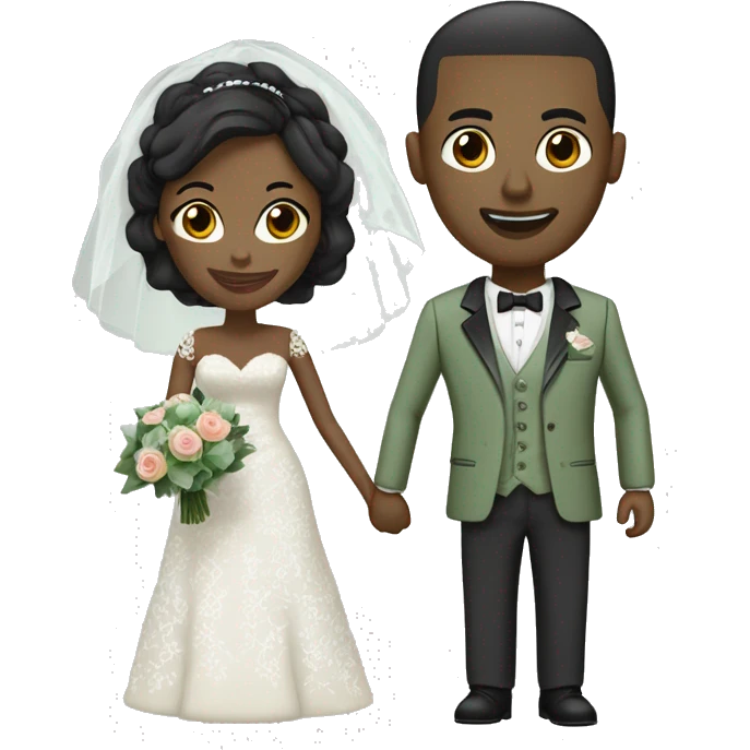 Black Wedding couple. Bride has black hair pinned up. She wears lace dress. She has dark brown eyes. Groom has sage green suit and sage green vest. He is bald headed. He has a bread. He has dark brown eyes too. emoji