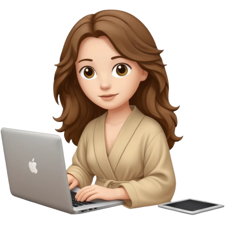 make a picture in ios 18 style of a white girl with brown long wavy hair wearing beige robe and working on a laptop emoji