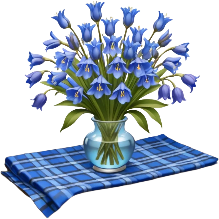 A lush bouquet of bright blue color bluebell black satin ribbon, resting on an antique wooden table, with a pale yellow and pink plaid pattern table cloth emoji