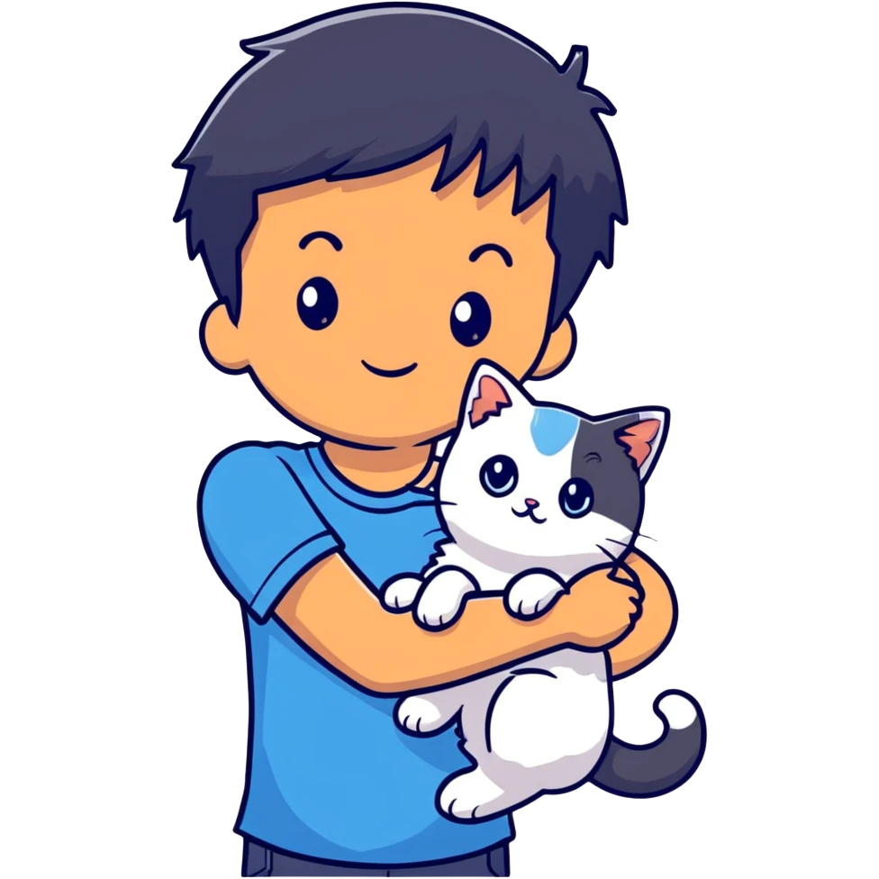 teenage boy with black hair wearing blue short sleeve shirt holding a white ragdoll cat emoji