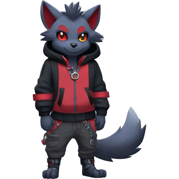 Cool Edgy Zorua-Zoroark-Mightyena with a collar and hoodie-sweater and harness full body emoji