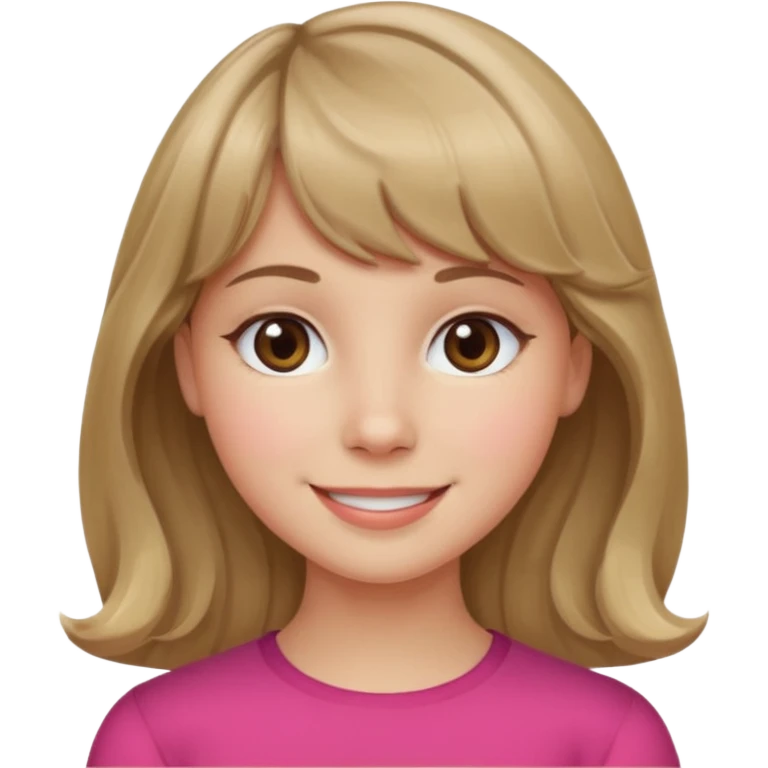 A girl with wavy, dark blonde hair, straight bangs, and straight eyes. She is smiling. emoji