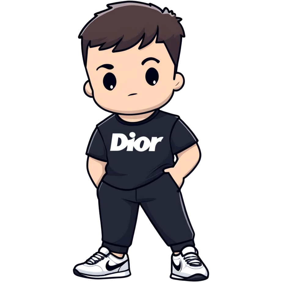 chico de pelo moreno, corte taper fade, flequillo a las cejas, camiseta Nike negra, pantalones Nike negros bajados, zapatillas Dior blancas emoji