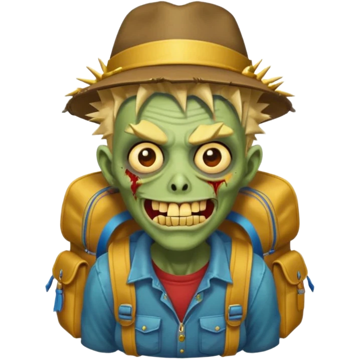 Zombie portrait with spikey hair, smirking with gold teeth, Astor’s hat, and a backpack emoji