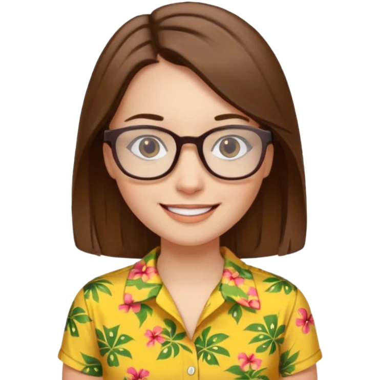 Hawaii female with white skin. Shoulder length straight brown hair. Brown eyes with glasses. Female wearing yellow Hawaiian print shirt. emoji