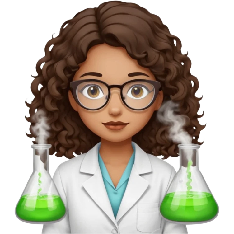 bratz doll with long loose curly dark brown hair, that reaches her lower back glasses that are round cat eye vibes, in a lab coat mixing beakers that glow shes a 4th grade girl emoji