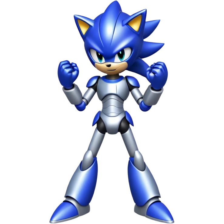 Metal Sonic, standing with arms crossed, reflective metal body, blue and silver emoji