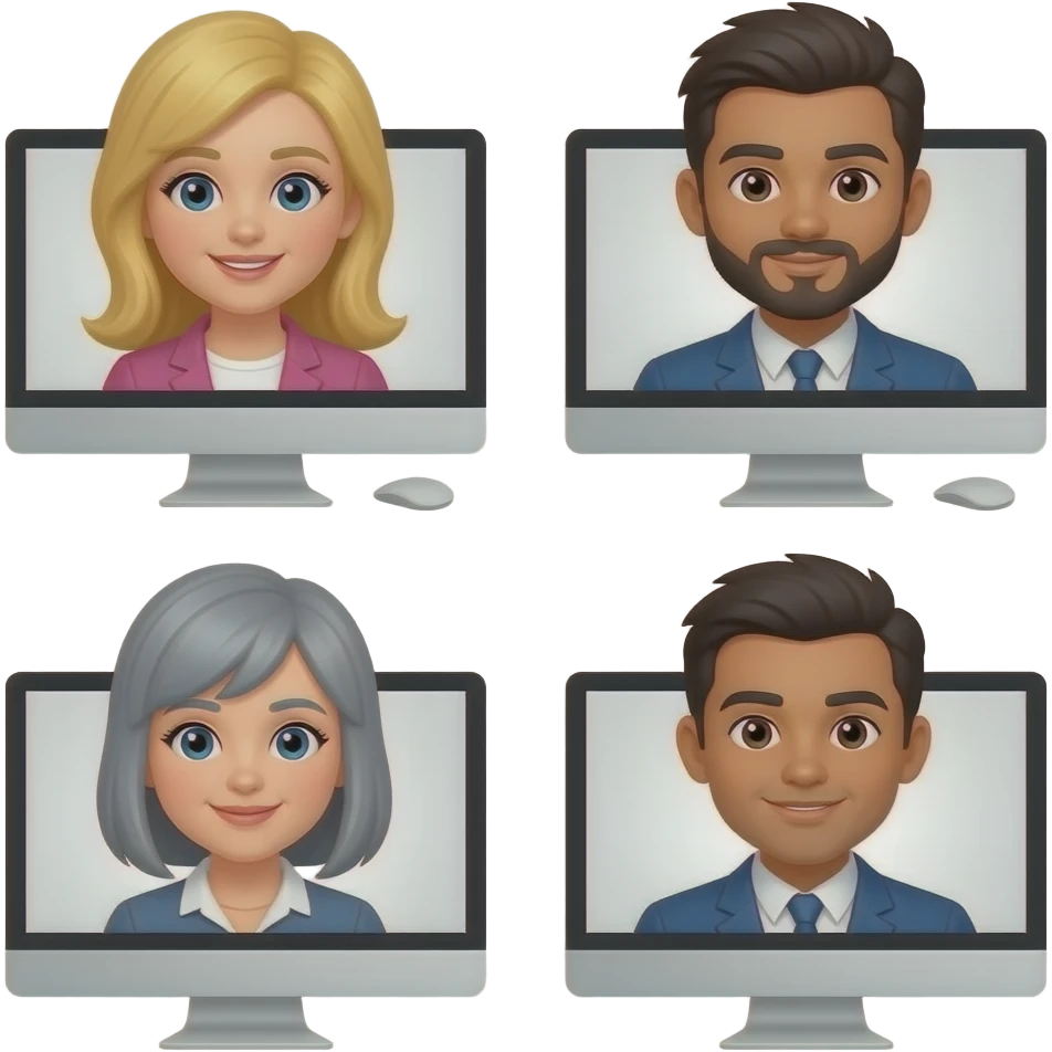 virtual meetings with computers amongst 4 teammates: 2 girls (1 blonde, 1 ash gray), 2 guys (dark hair) emoji