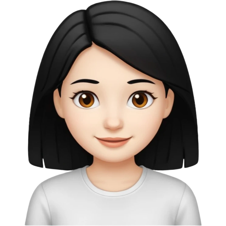 a girl with white skin, black hair, brown eyes, and a white shirt, smiling emoji